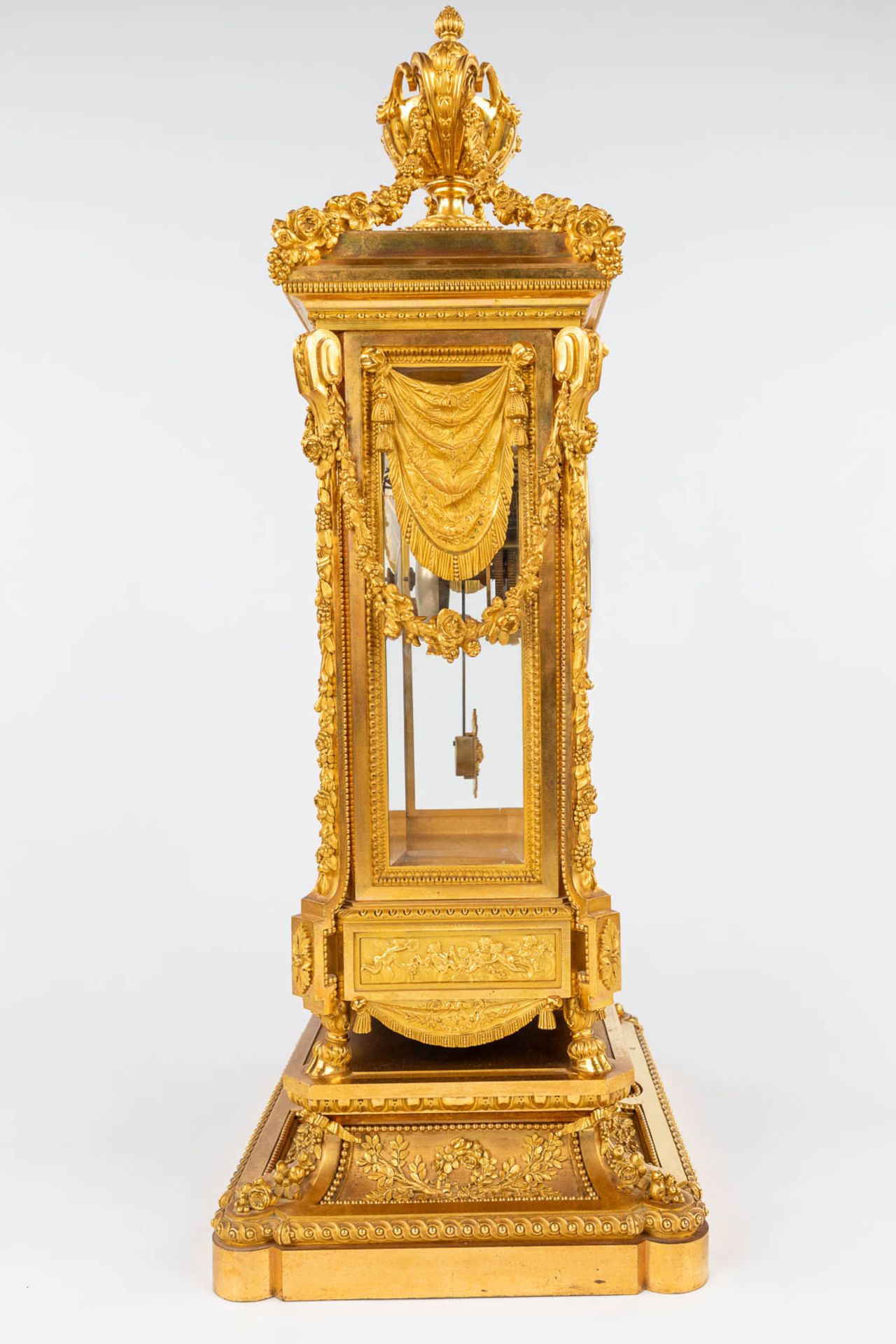 An imposing three-piece mantle garniture clock and candelabra, gilt bronze in Louis XVI style. Maiso - Image 10 of 38