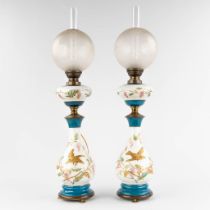 A pair of antique opaline table lamps, decorated with fauna and flora, etched glass shades. (H:77 x 