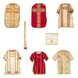 Four Dalmatics, Two Roman Chasubles, A stola and Chalice Veil, finished with embroideries.