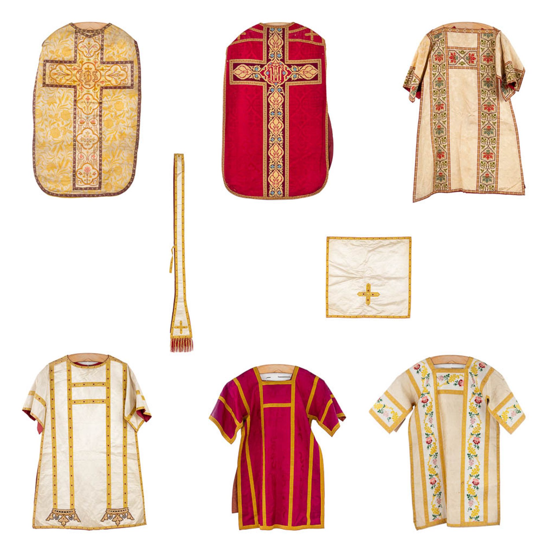 Four Dalmatics, Two Roman Chasubles, A stola and Chalice Veil, finished with embroideries.