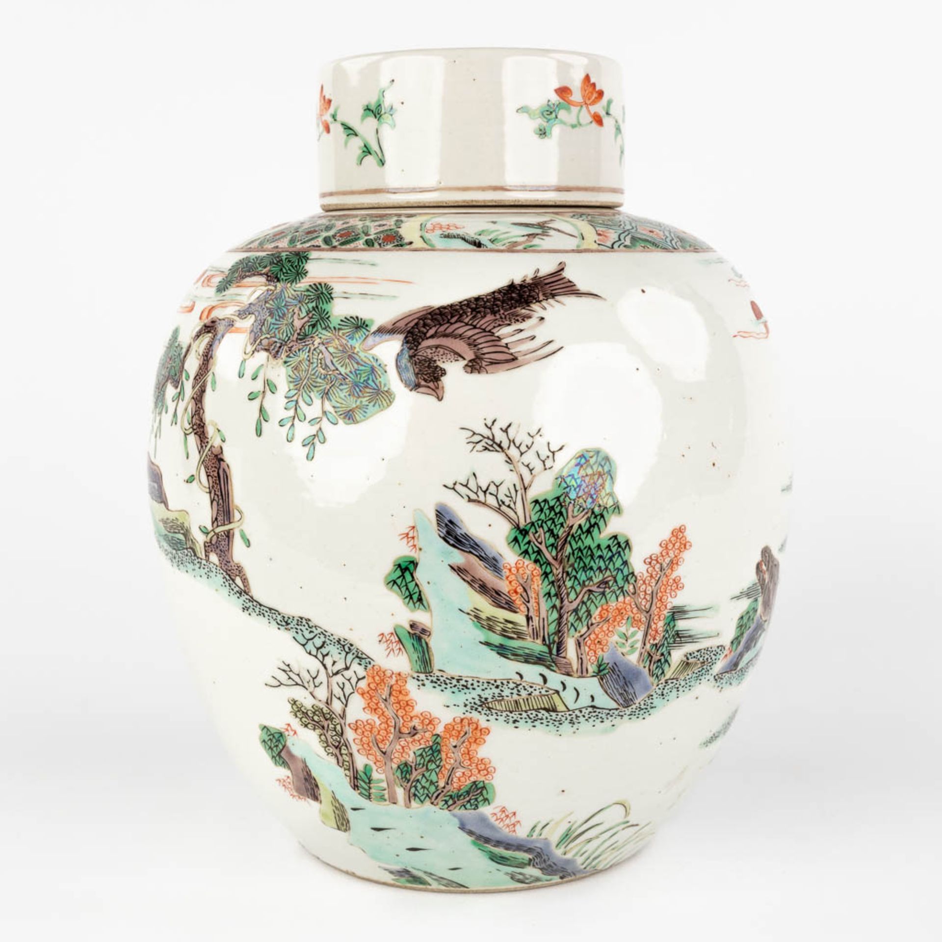 A Chinese Famille Verte Wucai vase, decorated with a deer in a landscape. (H:24,5 x D:19,5 cm) - Image 7 of 14