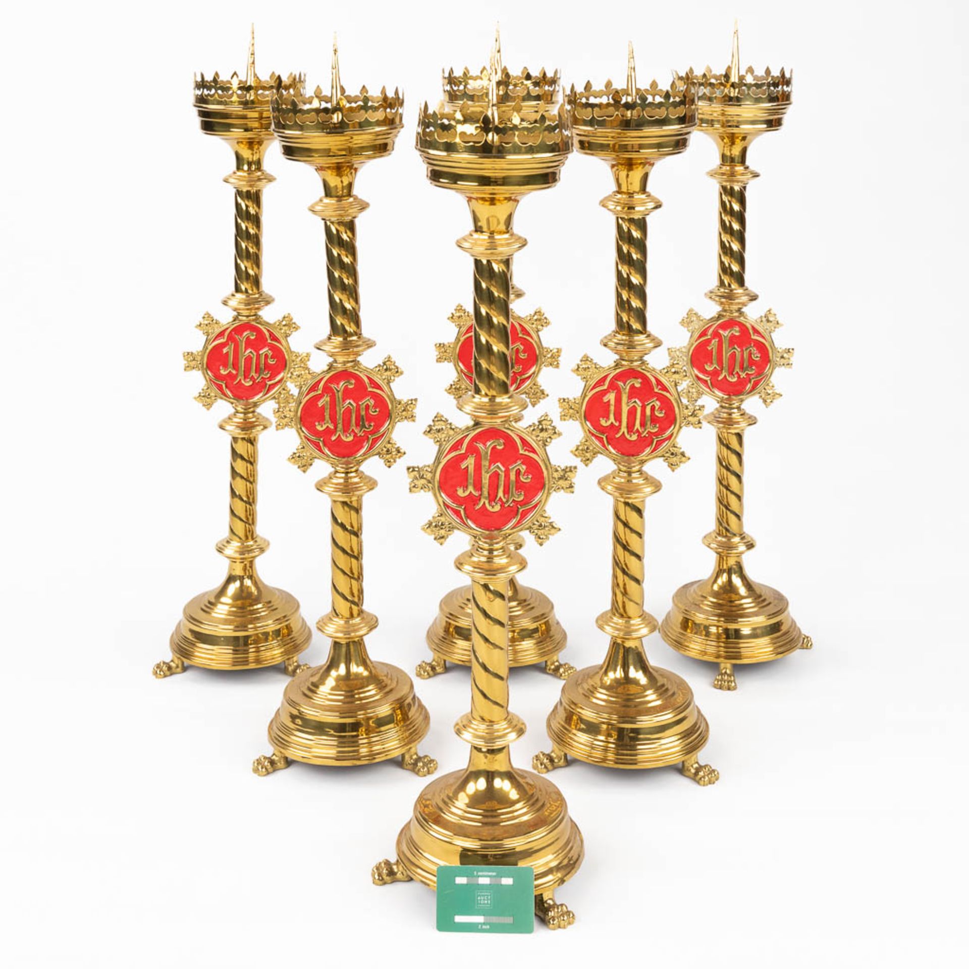 A set of 6 Church candlesticks with red IHS logo. (H:80 x D:20 cm) - Image 2 of 11