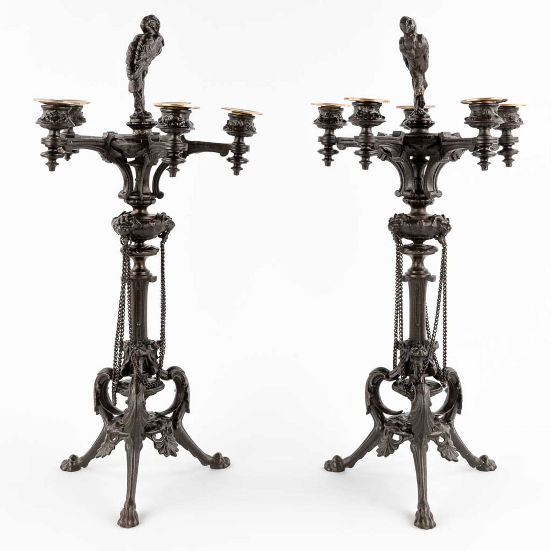 A pair of candelabra, bronze decorated with birds. 19th C. (H:56 x D:26 cm) - Image 3 of 12