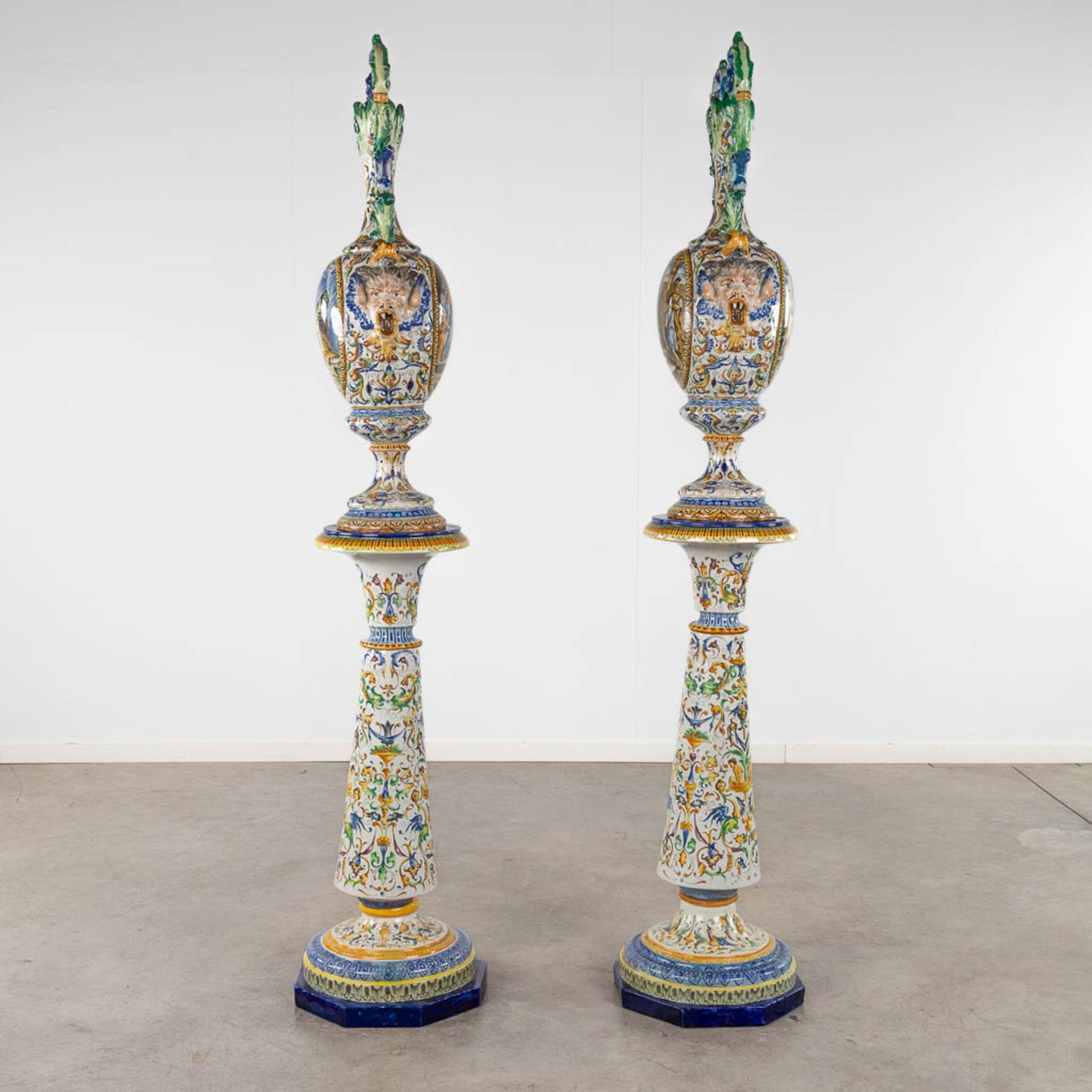 A pair of large vases, Italian Renaissance style, glazed faience. 20th C. (D:45 x W:45 x H:205 cm) - Image 27 of 31