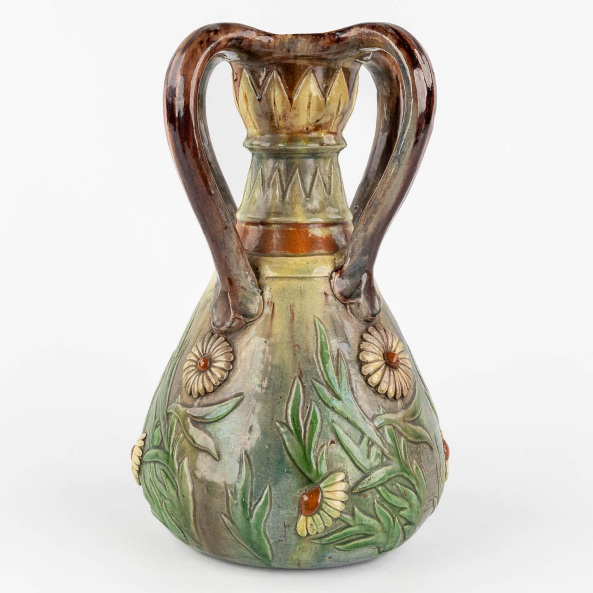 Léo MAES-VEREENOOGHE (XIX-XX) A vase, Flemish Earthenware with a flower decor. (H:33 x D:22 cm) - Image 6 of 11