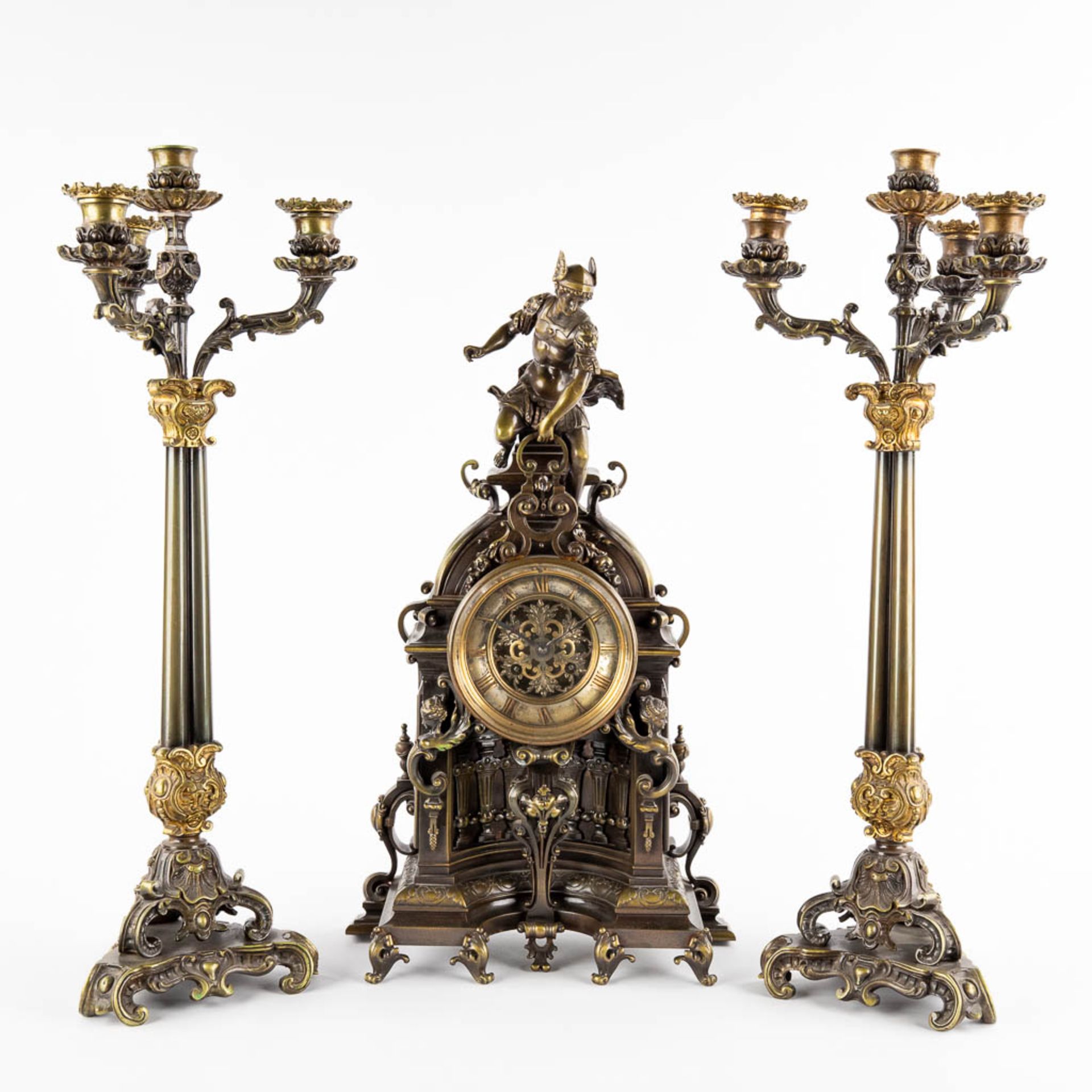 A three-piece mantle garniture clock and candelabra. Clock with an image of Mercury/Hermès. 19th C. - Image 3 of 14
