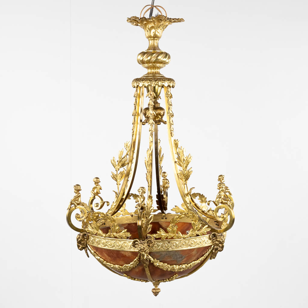 A chandelier, bronze with alabaster, decorated with putti and ram's heads, Louis XVI style. Circa 19 - Bild 3 aus 13