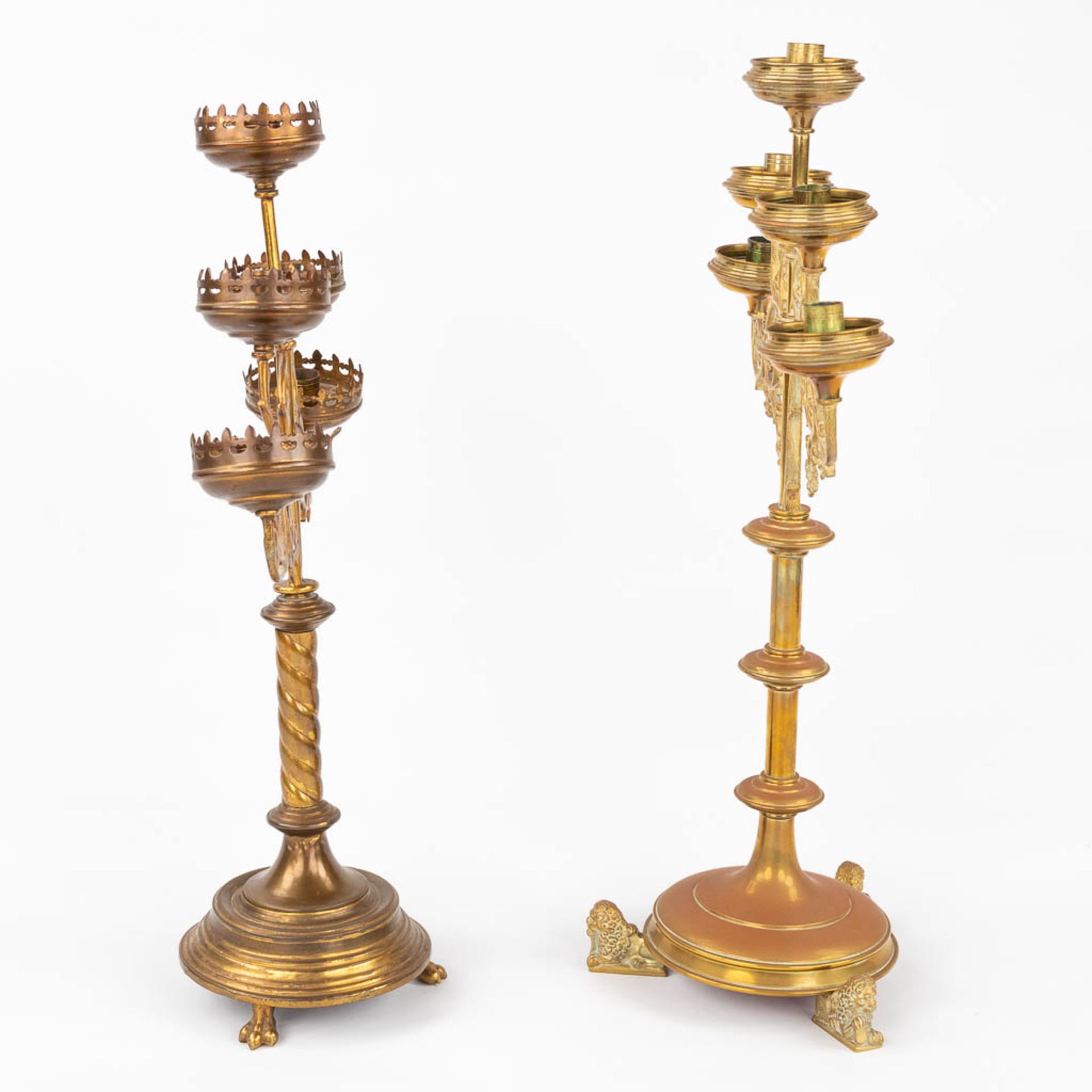 Four Church candlesticks, bronze in a gothic revival style. A pair and two singles. (D:18 x W:51 x H - Image 12 of 18