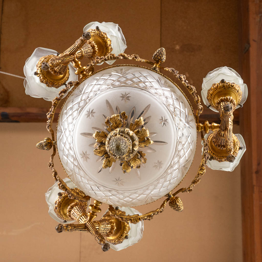A chandelier, bronze mounted with glass and flambeaux and an eagle in Louis XVI style. (H:60 x D:44  - Bild 12 aus 12
