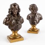 A set of two fine busts 'Voltaire & Rousseau', patinated on gilt bronze. 19th C. (D:6 x W:9 x H:15,5