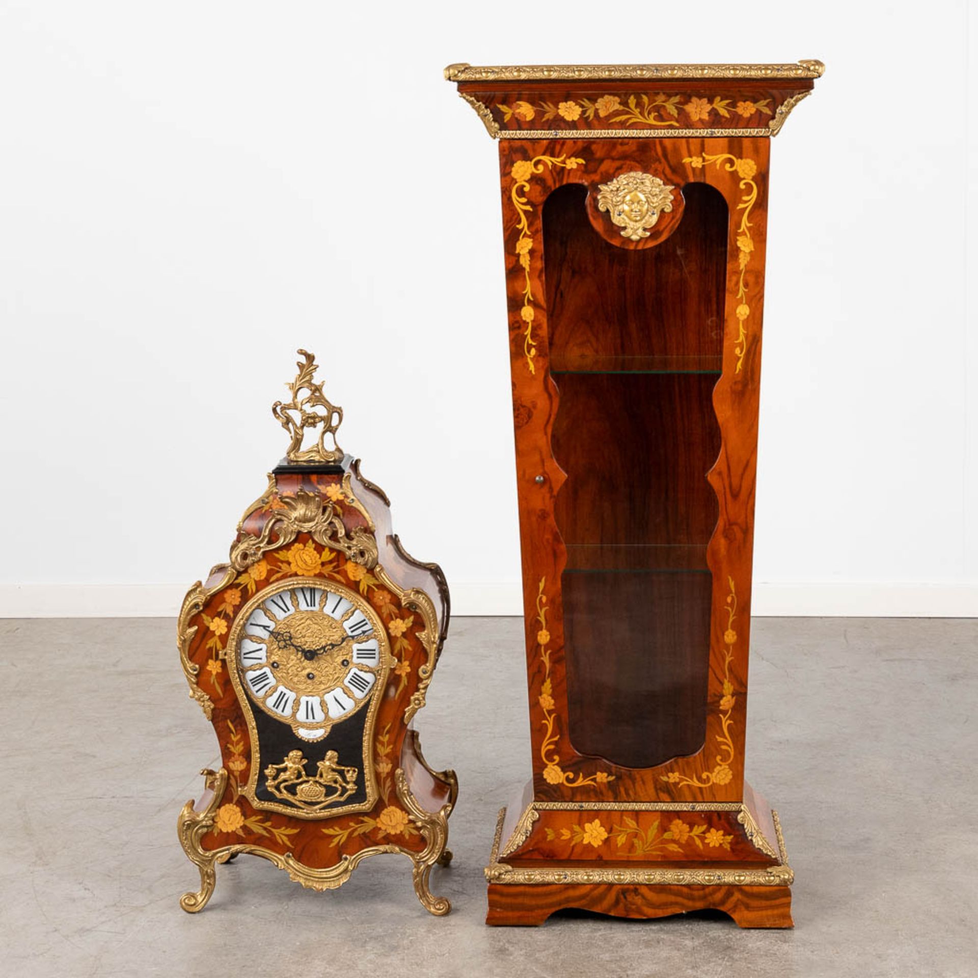 A Cartel clock on a matching pedestal, marquetry inlay and mounted with bronze. 20th C. (D:25 x W:48 - Image 17 of 18