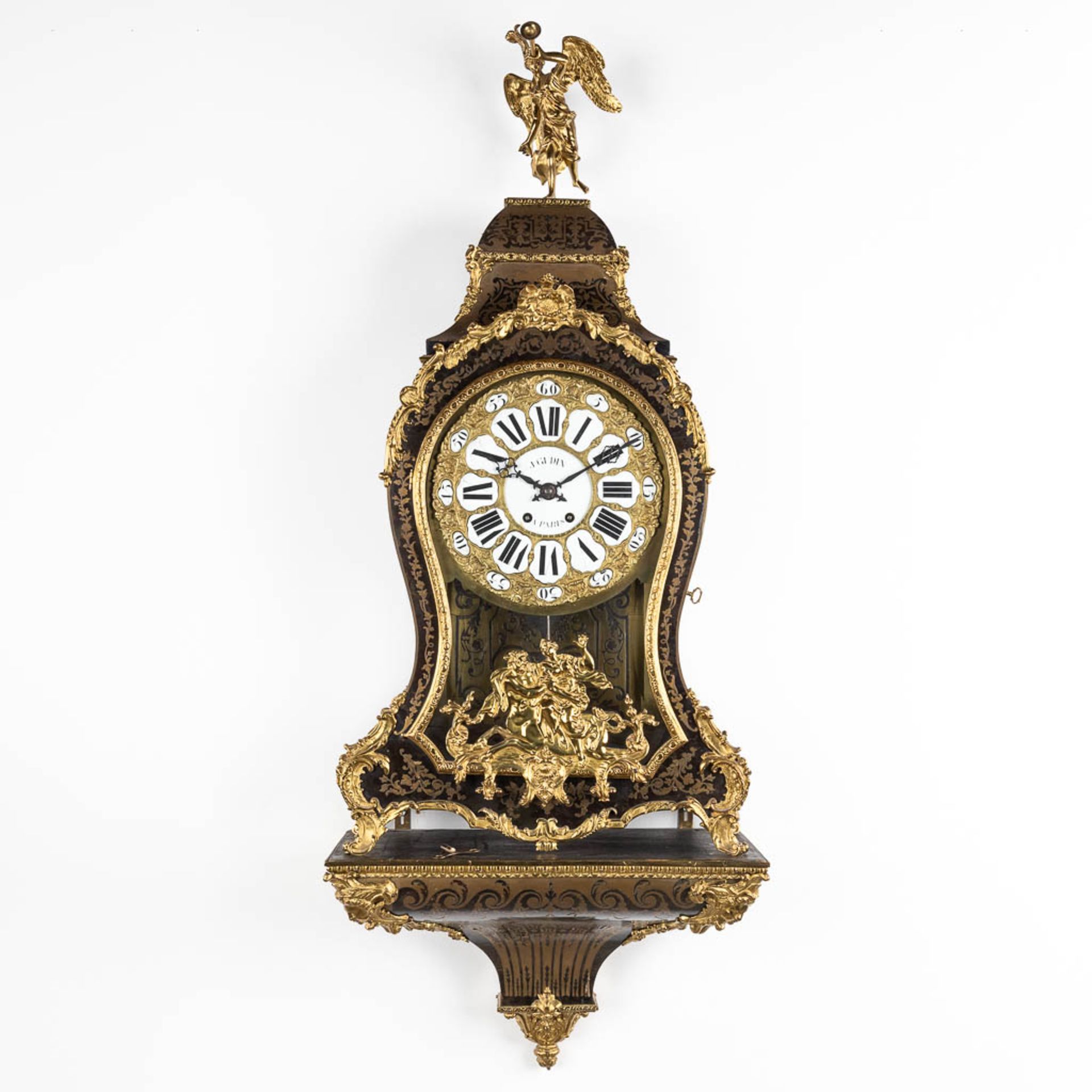 A large Cartel clock on a pedestal, Boulle Inlay, signed Gudin à Paris. 19th C. (D:24 x W:56 x H:145