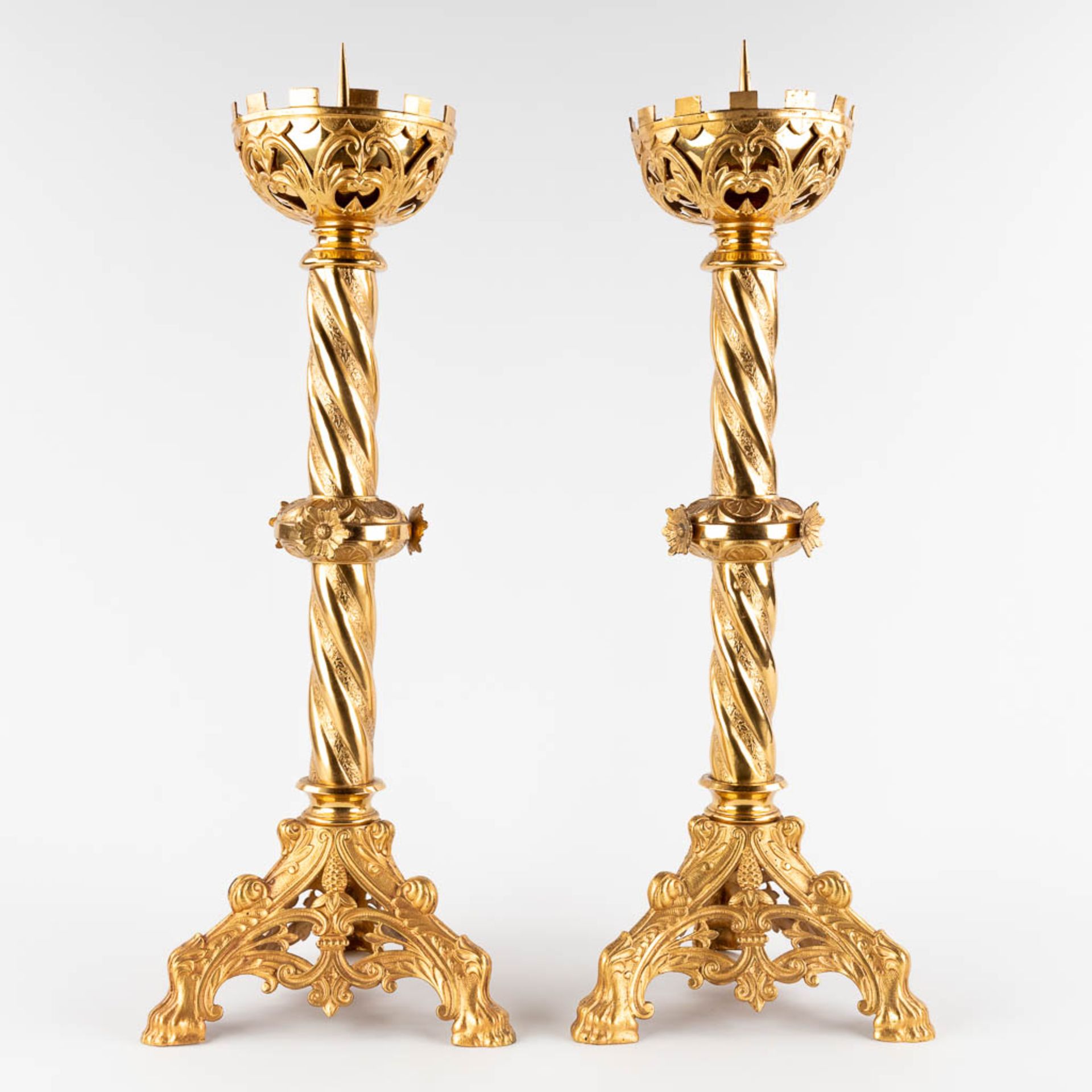 A pair of church candlesticks, gilt metal. (H:70 x D:24 cm) - Image 3 of 15