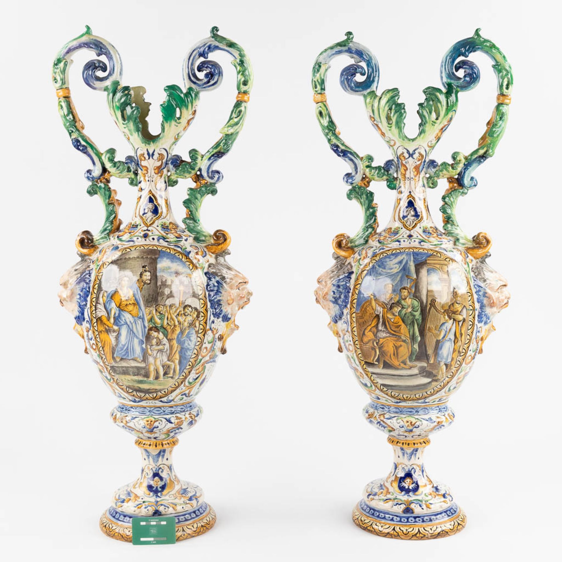 A pair of large vases, Italian Renaissance style, glazed faience. 20th C. (D:45 x W:45 x H:205 cm) - Image 2 of 31