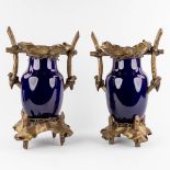 Luneville, a pair of antique cobalt blue vases mounted with brass. Circa 1900. (D:23 x W:31 x H:50 c