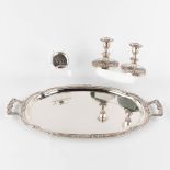 A silver-plated serving tray, two candlesticks and a bowl with Silver coin, One Rupee 1918. (D:37 x 