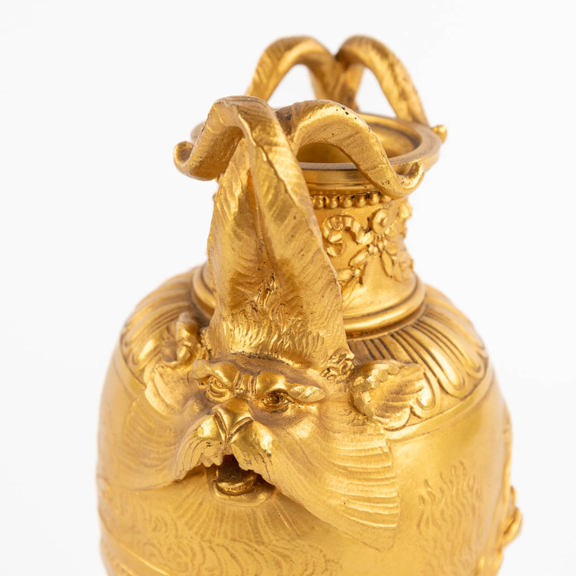 Ferdinand BARBEDIENNE (1810-1892) 'Gilt Bronze Vase with mythological figurines.' 19th C. (D:8 x W:9 - Image 9 of 12