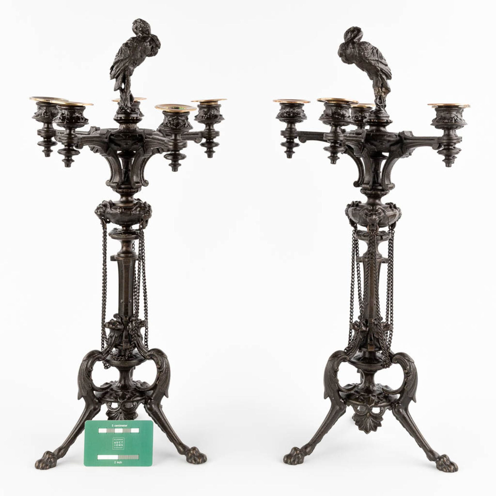 A pair of candelabra, bronze decorated with birds. 19th C. (H:56 x D:26 cm) - Image 2 of 12