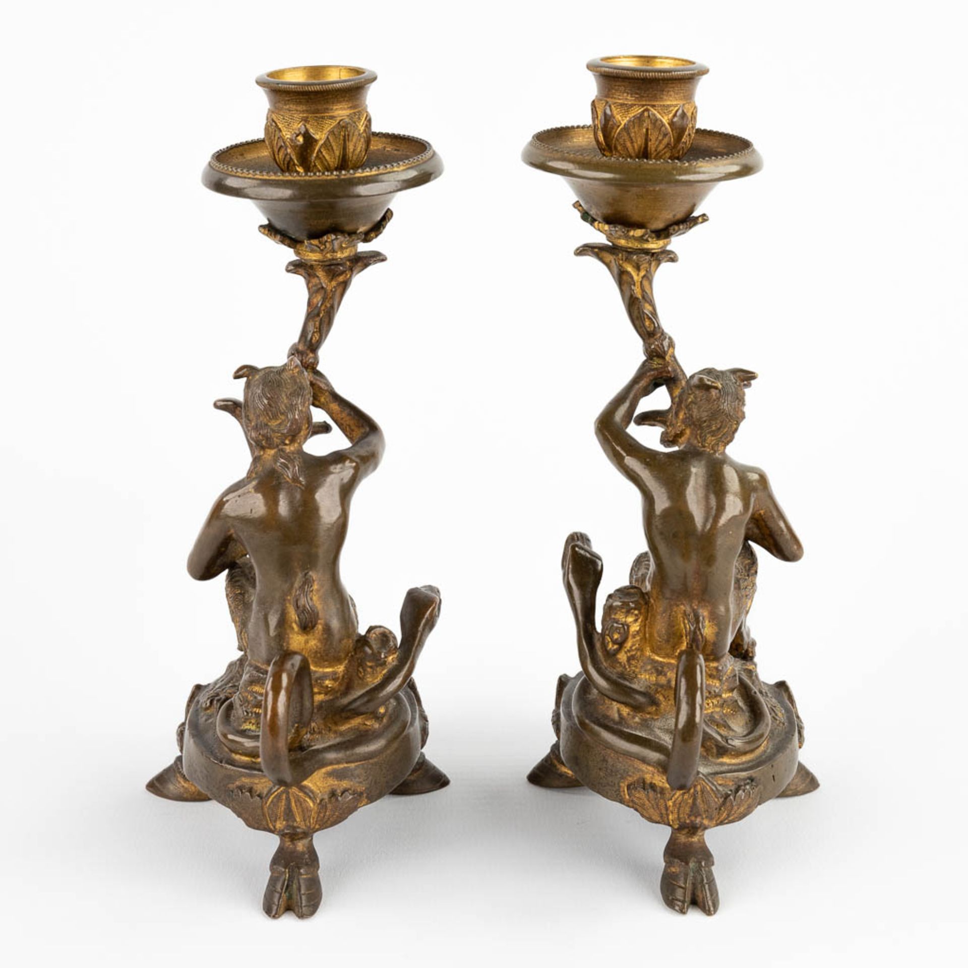 A pair of candlesticks with Satyr figurines, gilt bronze. 19th C. (D:7 x W:10 x H:17,5 cm) - Bild 4 aus 13