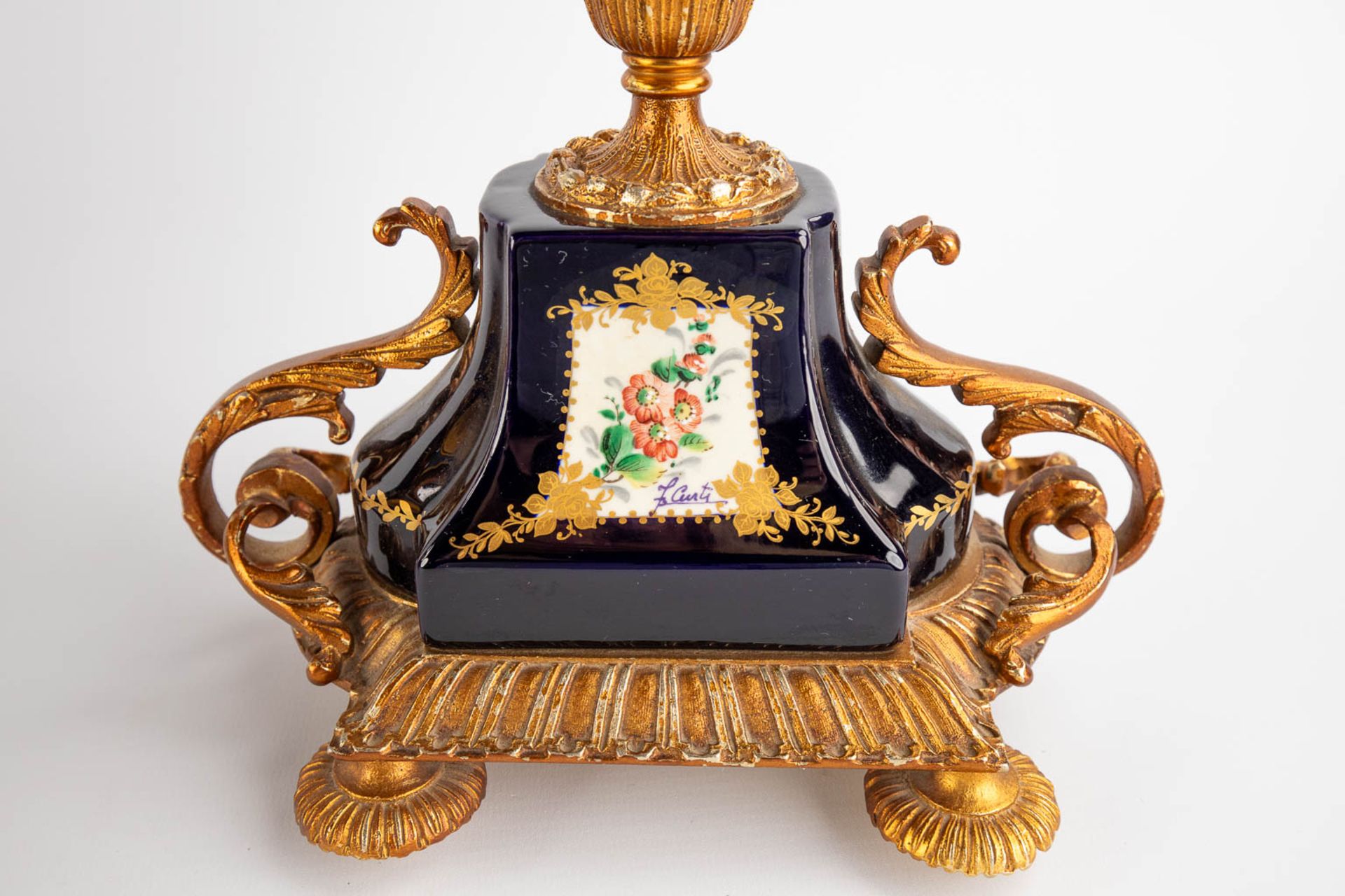 A.C.F. A three-piece mantle garniture clock and side pieces, cobalt blue porcelain mounted with bron - Image 11 of 14