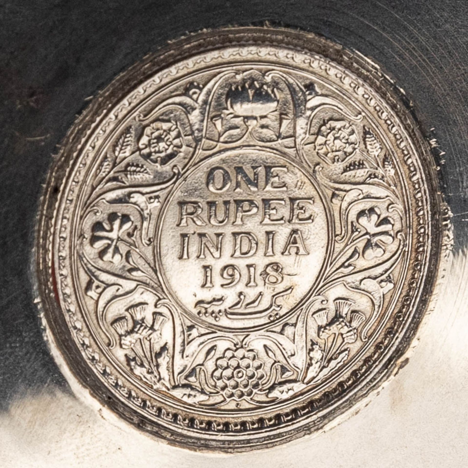 A silver-plated serving tray, two candlesticks and a bowl with Silver coin, One Rupee 1918. (D:37 x - Image 10 of 18