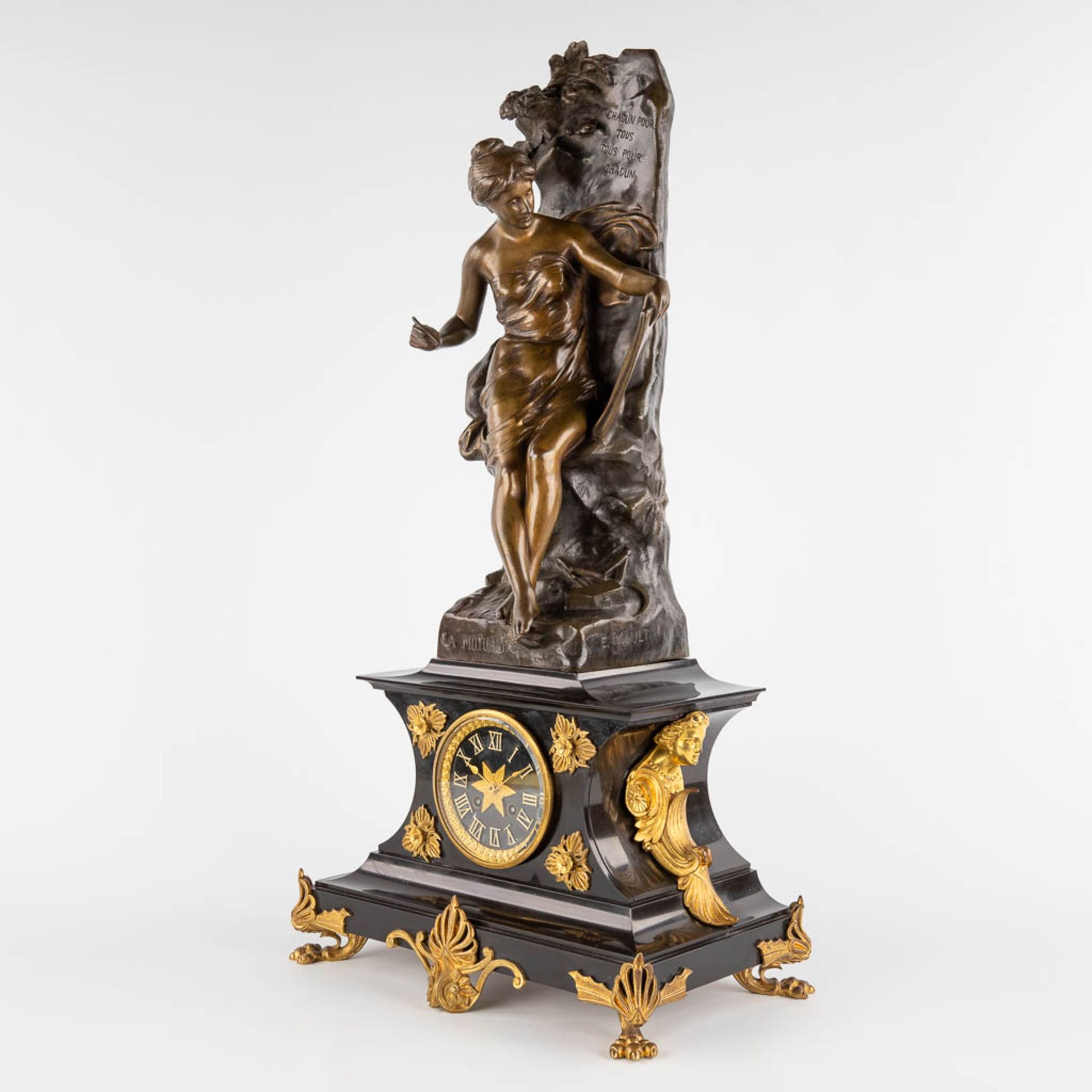 Emile PICAULT (1833-1915) 'La Mutualité', a mantle clock with patinated bronze figurine. 19th C. (D: - Image 3 of 18