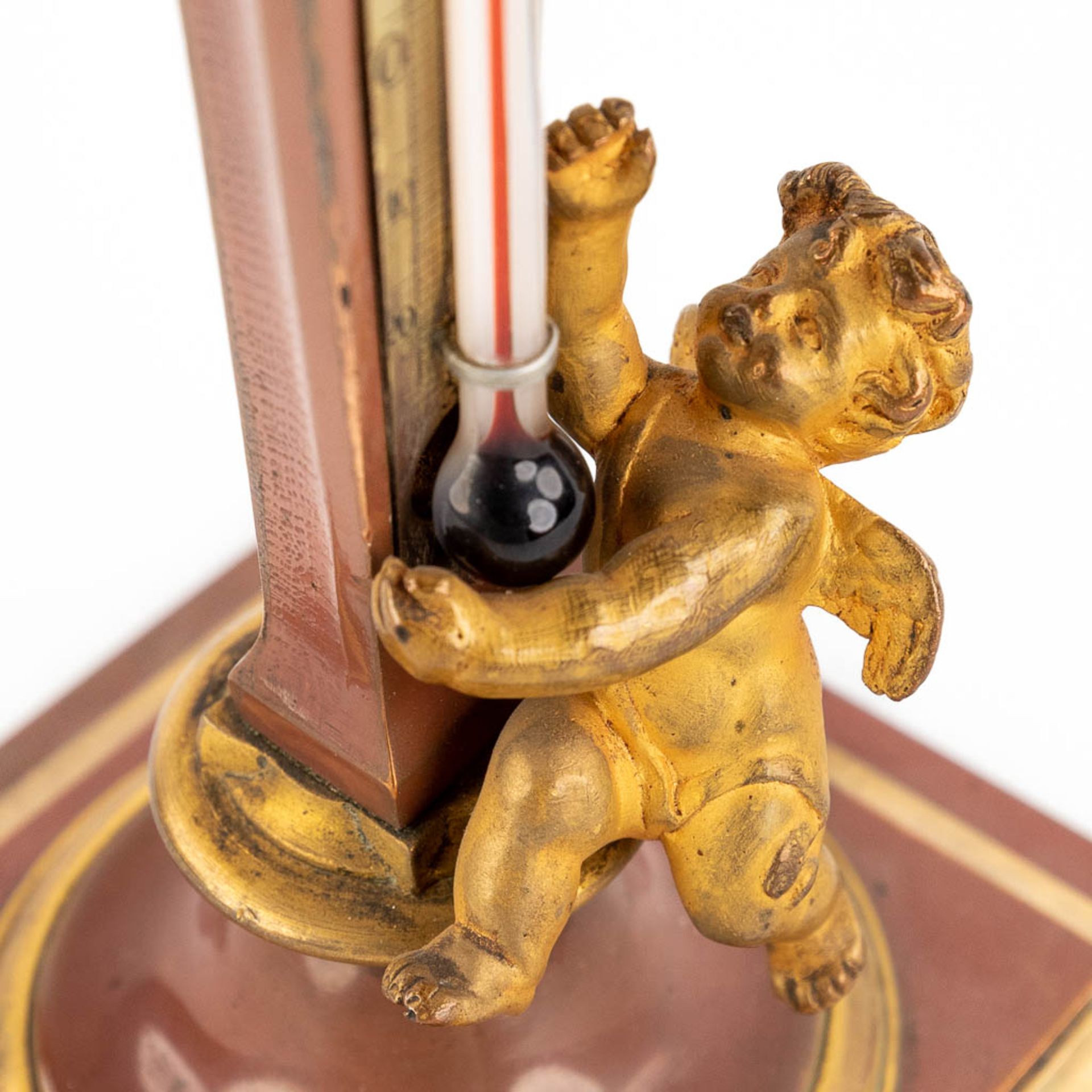 An antique thermometer, patinated bronze, decorated with a Satyr figurine and a putto. 19th C. (D:8 - Image 10 of 10