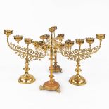 Four Church candlesticks, bronze in a gothic revival style. A pair and two singles. (D:18 x W:51 x H