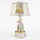 Plaue, a polychrome porcelain table lamp with porcelain shade. 20th C. (H:46 x D:28,5 cm)