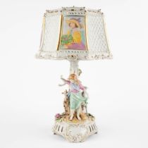 Plaue, a polychrome porcelain table lamp with porcelain shade. 20th C. (H:46 x D:28,5 cm)