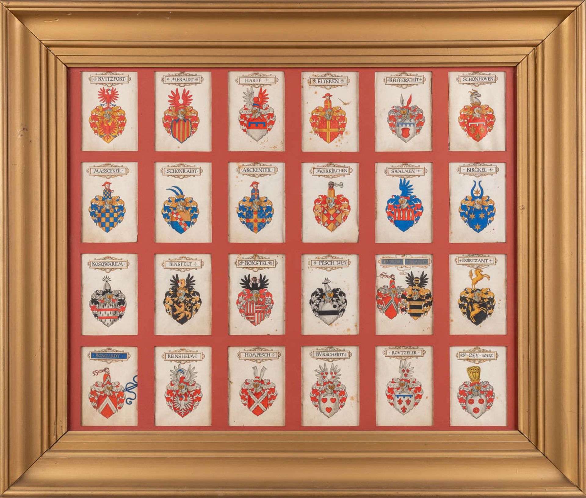 A frame with 24 hand-painted family crests and coat of arms , oil on paper. (W:98 x H:83 cm)