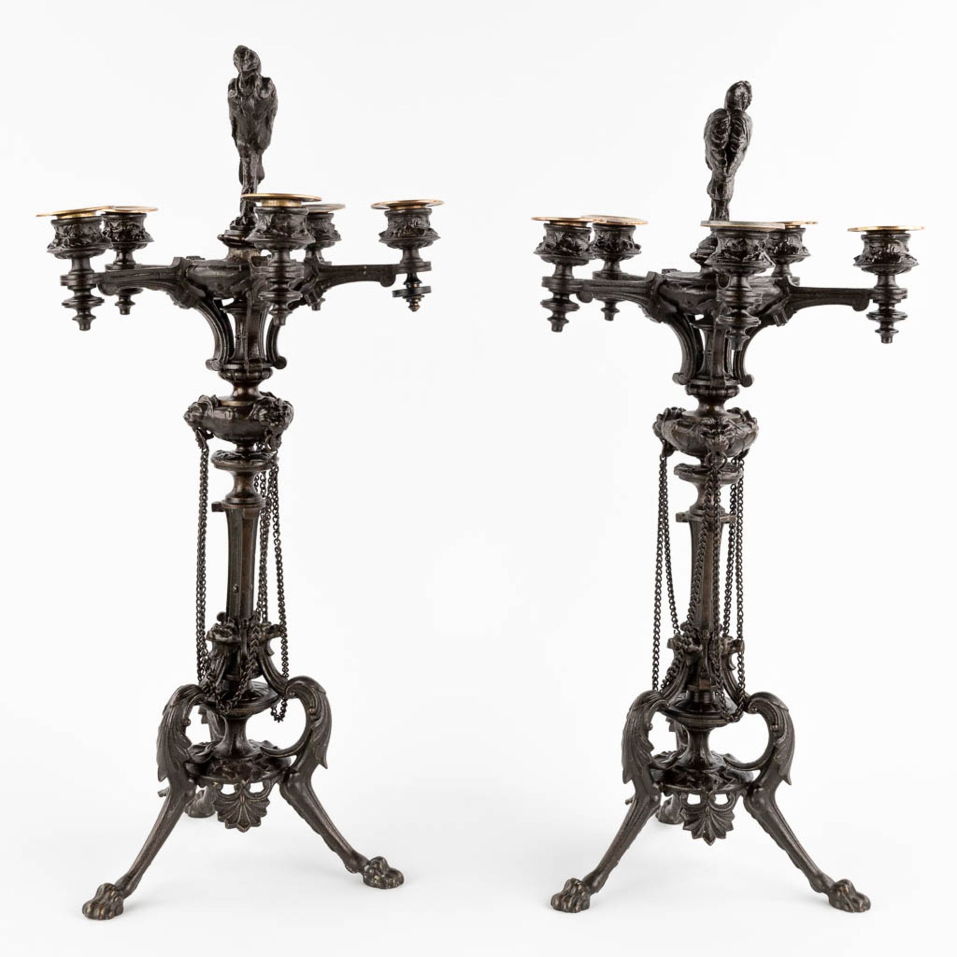 A pair of candelabra, bronze decorated with birds. 19th C. (H:56 x D:26 cm) - Image 5 of 12