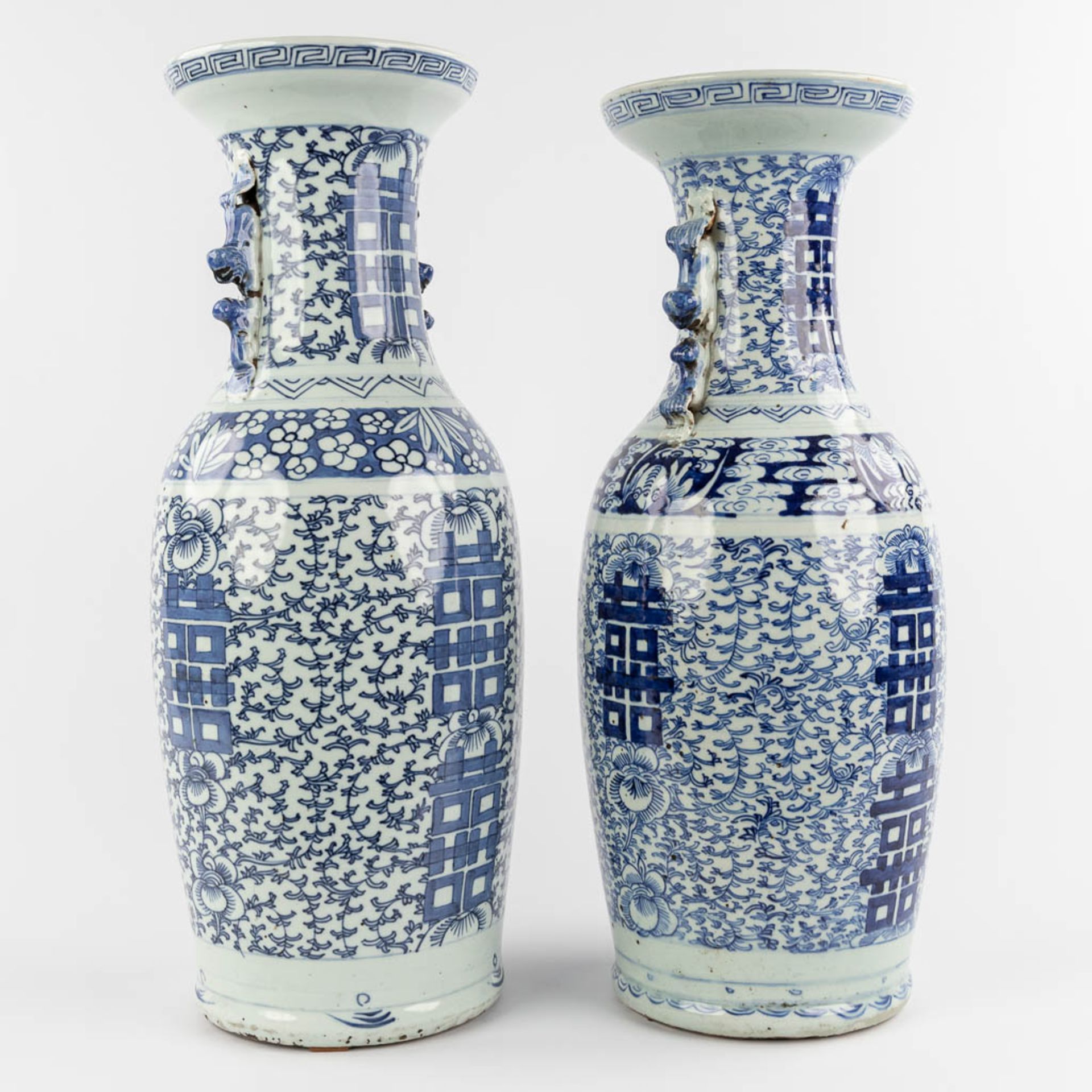 Two Chinese vases with blue-white double xi-sign of happiness. 19th/20th C. (H:60 x D:21 cm) - Image 3 of 12
