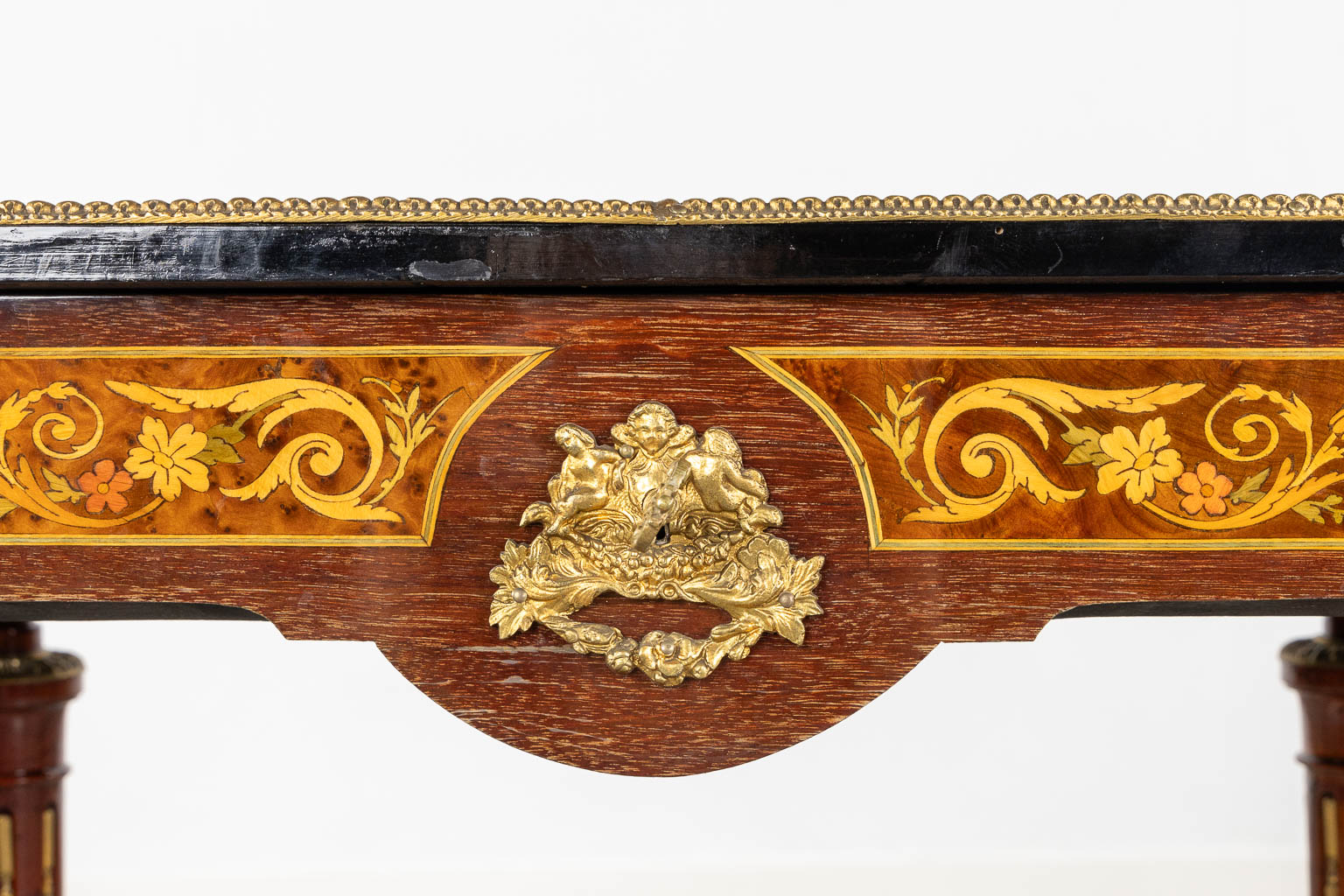 A side table/play table, marquetry inlay and mounted with bronze. 20th C. (L:57 x W:115 x H:74 cm) - Image 11 of 19