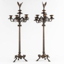 A pair of candelabra, patinated bronze decorated with birds, in the style of Jules Moignez. 19th C.