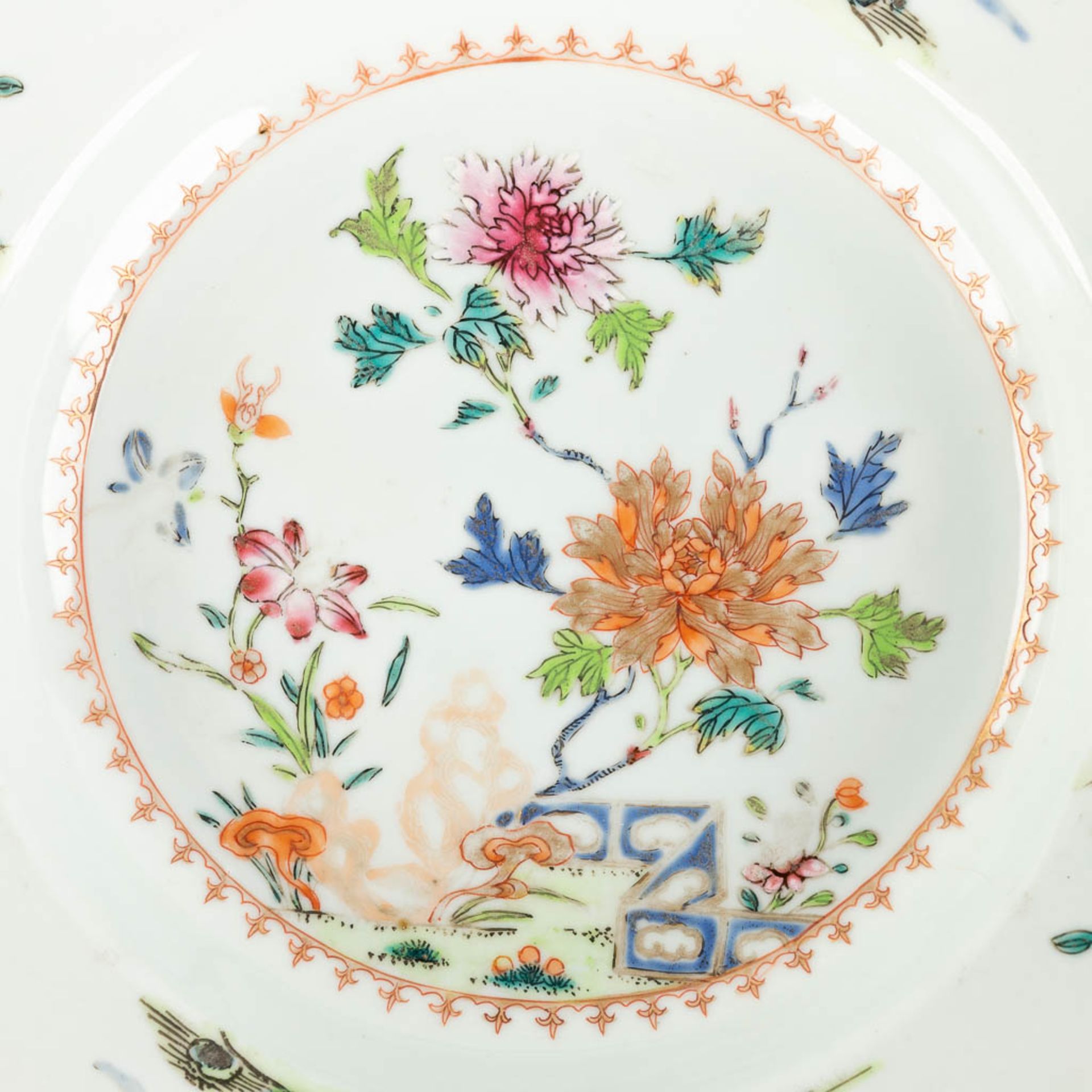 Three Chinese Famille Rose plates with a floral decor. 19th C. (D:22,5 cm) - Image 5 of 11