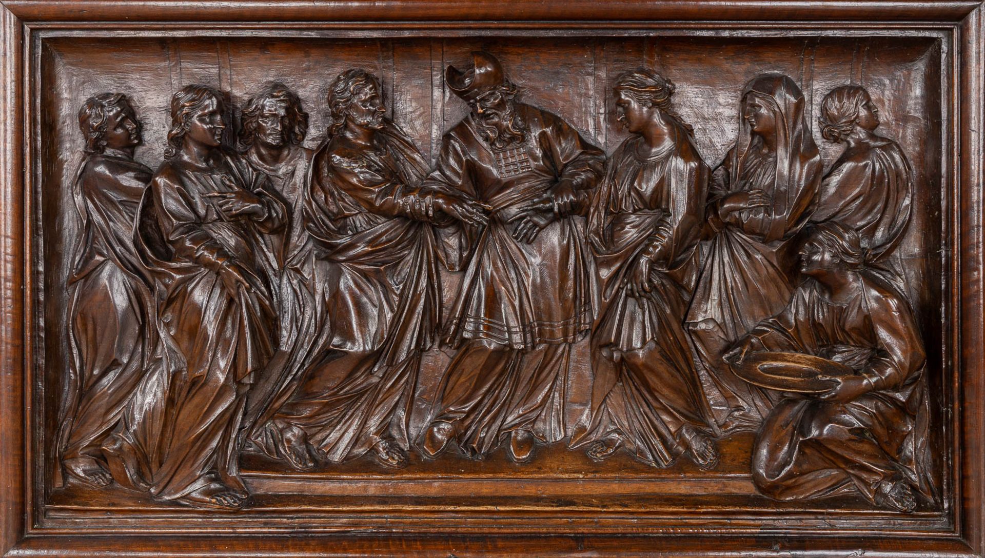 An antique walnut sculptured scne, 'The Presentation of Our Lady in the temple'. 18th C. (W:114 x H