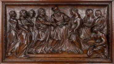 An antique walnut sculptured scne, 'The Presentation of Our Lady in the temple'. 18th C. (W:114 x H