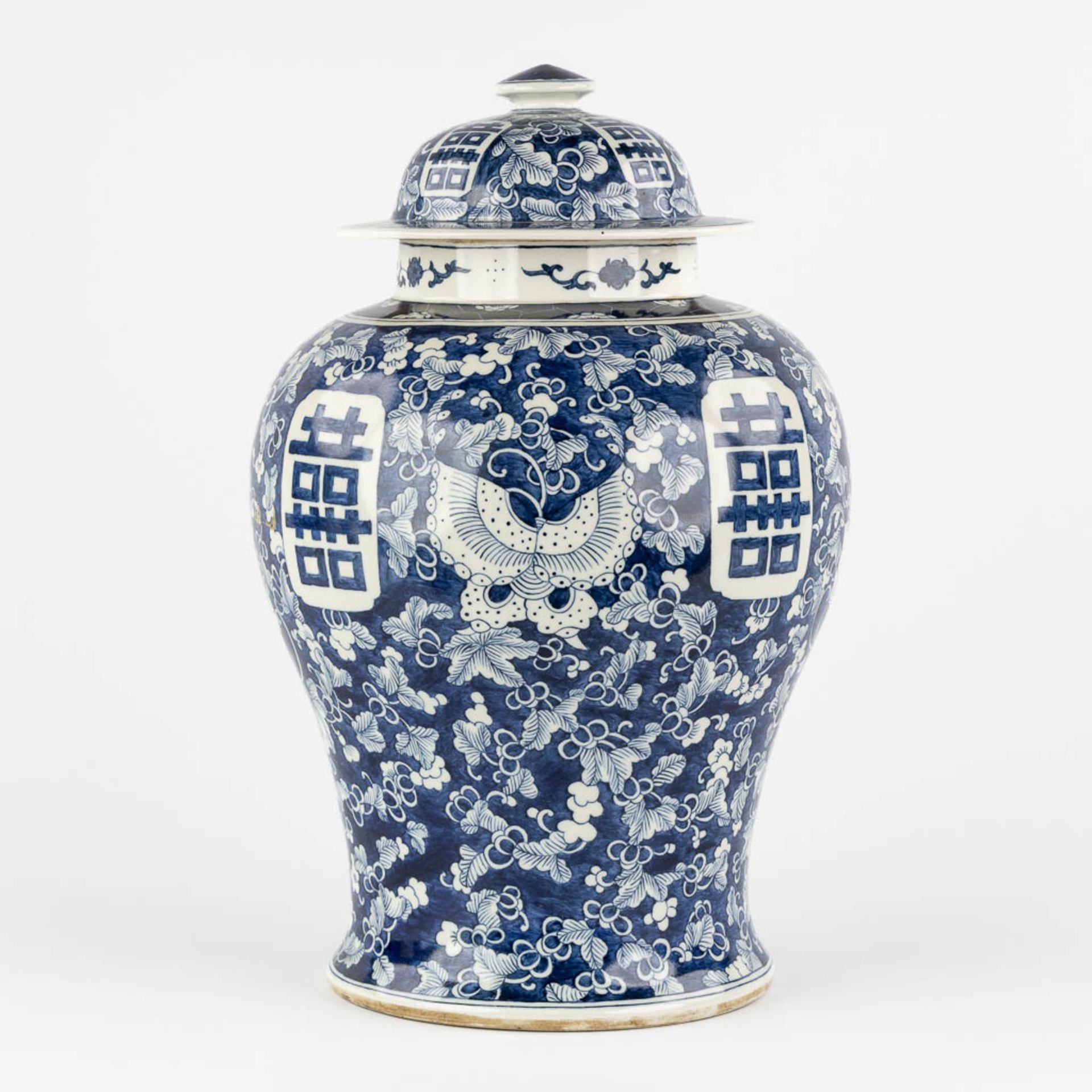 A Chinese baluster vase, blue-white with a Prunus decor and double XI sign. 19th/20th C. (H:42 x D:2 - Image 3 of 17