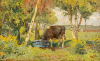 Ernest MIDY (1878-1938) 'Drinking Cow in a Landscape' olie op doek. (W:54 x H:35 cm)