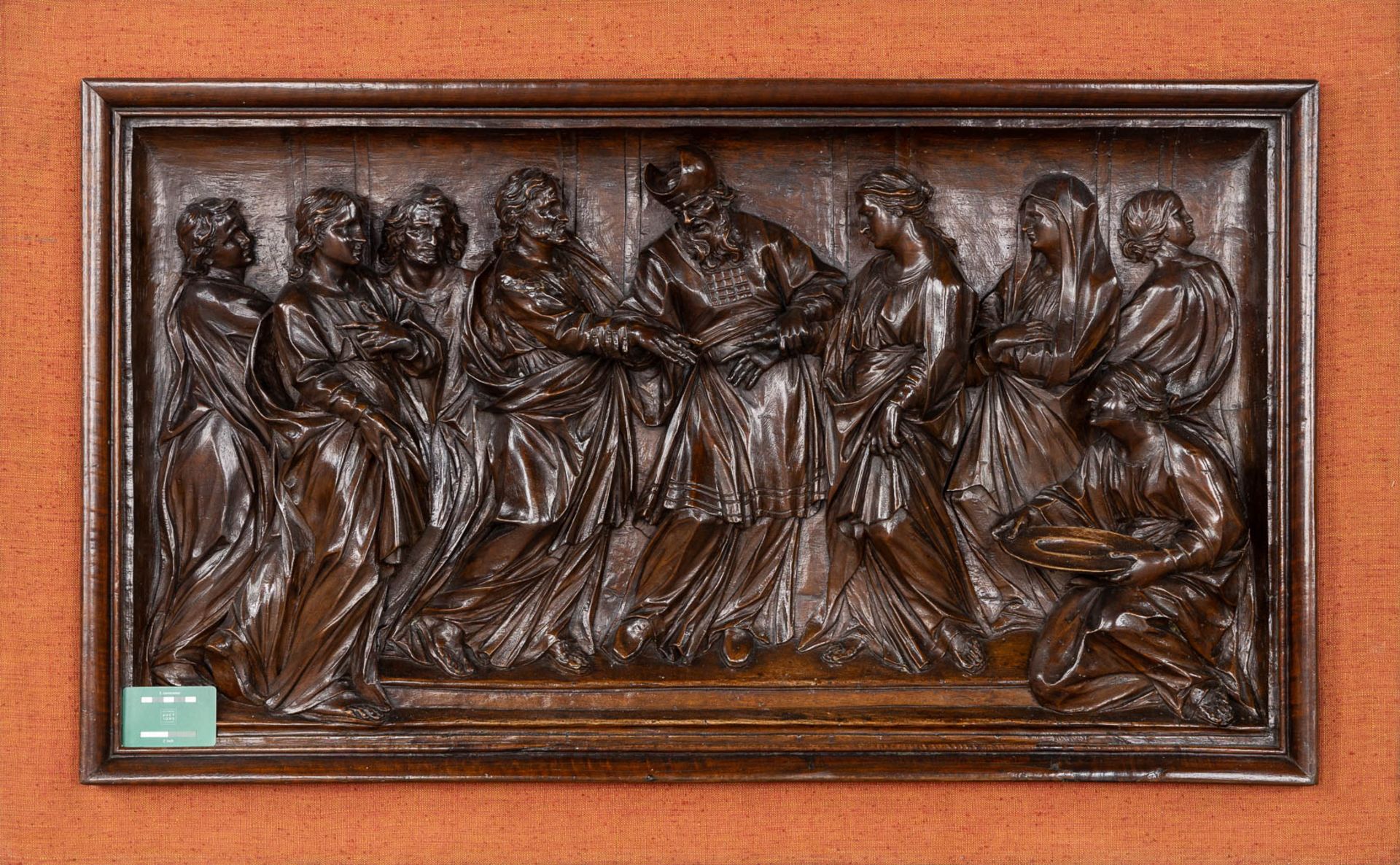 An antique walnut sculptured scne, 'The Presentation of Our Lady in the temple'. 18th C. (W:114 x H - Image 2 of 8