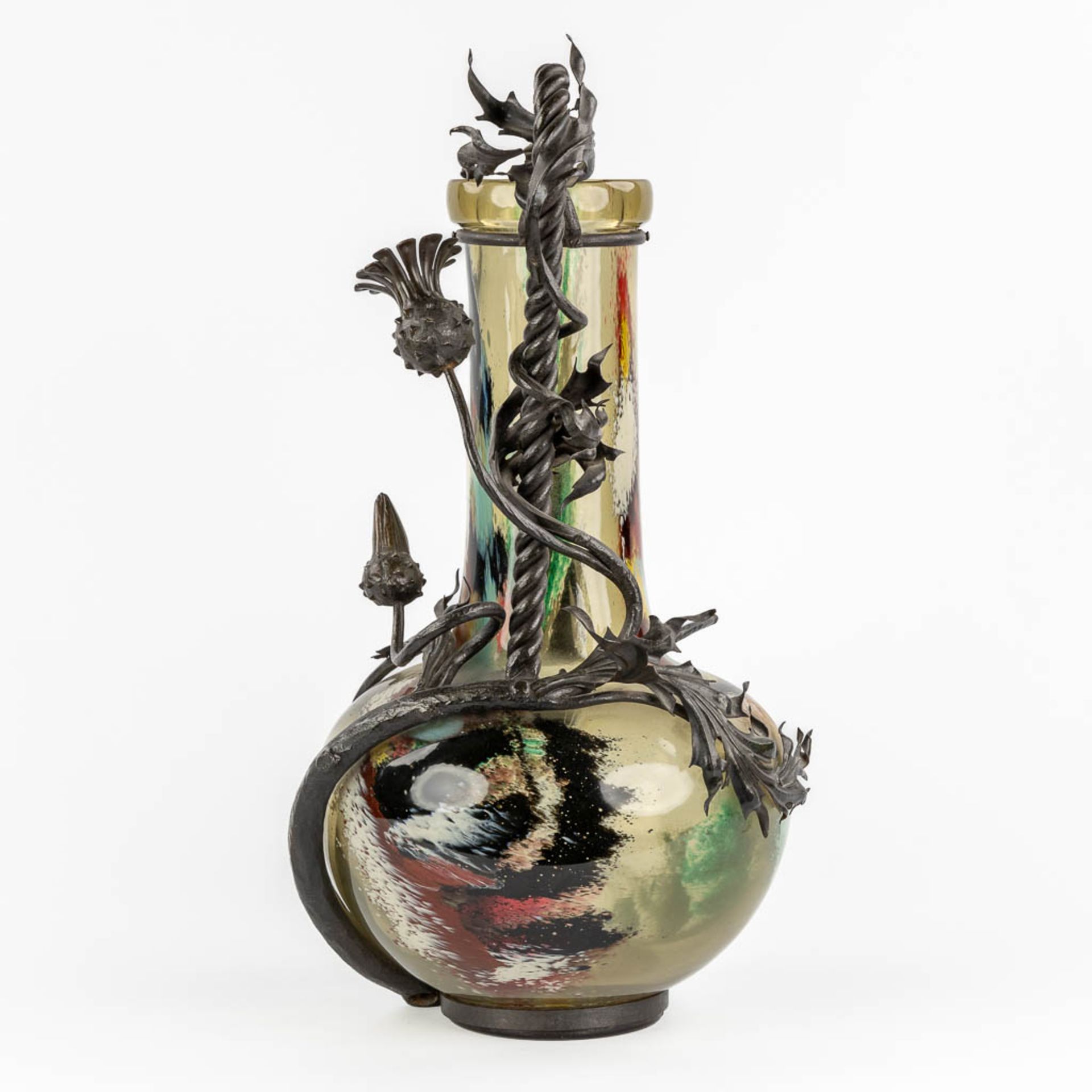 A glass vase mounted with sculptural cast iron, in the style of Louis Van Boeckel. (H:67 x D:33 cm) - Image 3 of 14