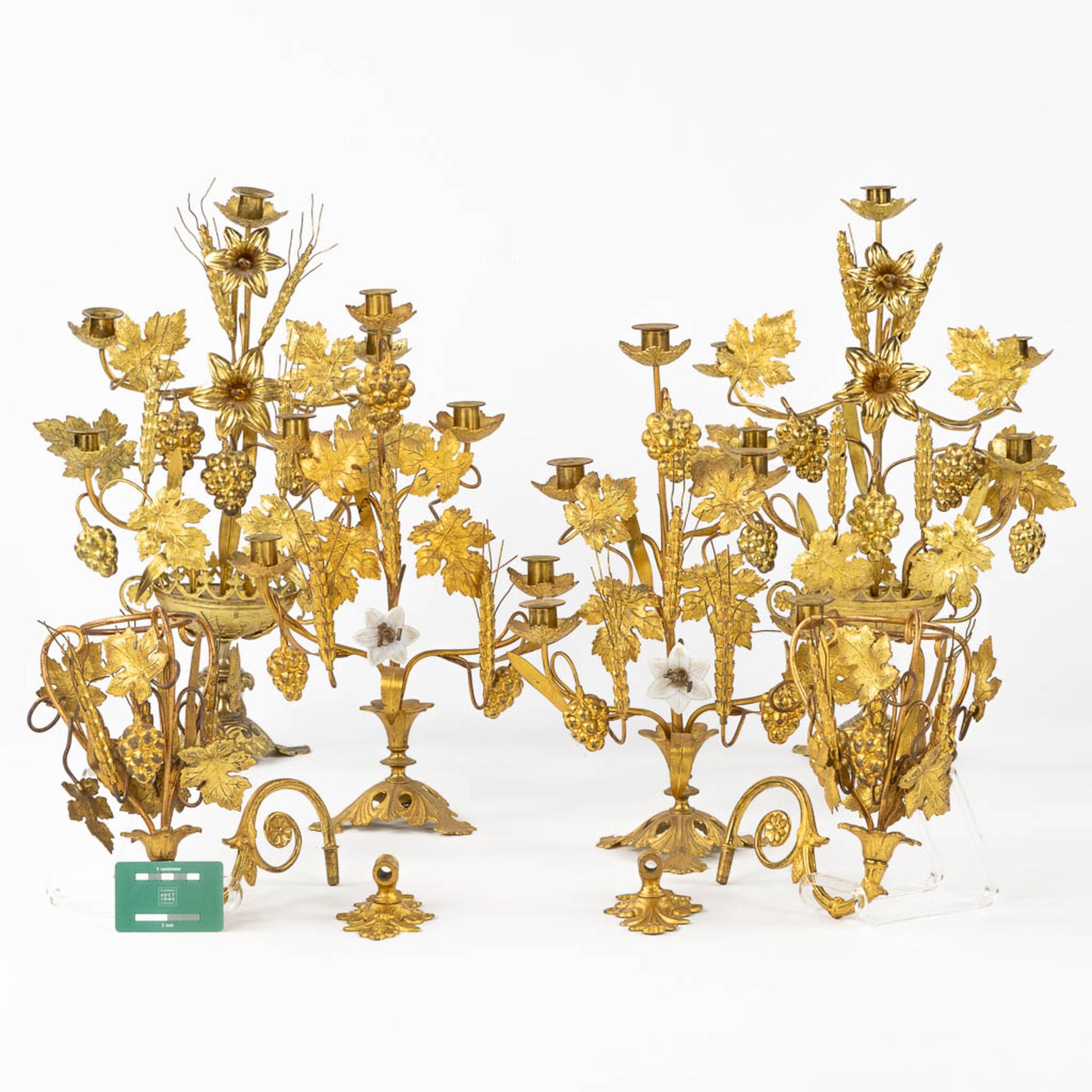 Two pairs of Church Candelabra and a pair of wall-mounted candelabra, Gilt metal decorated with whea - Image 2 of 16