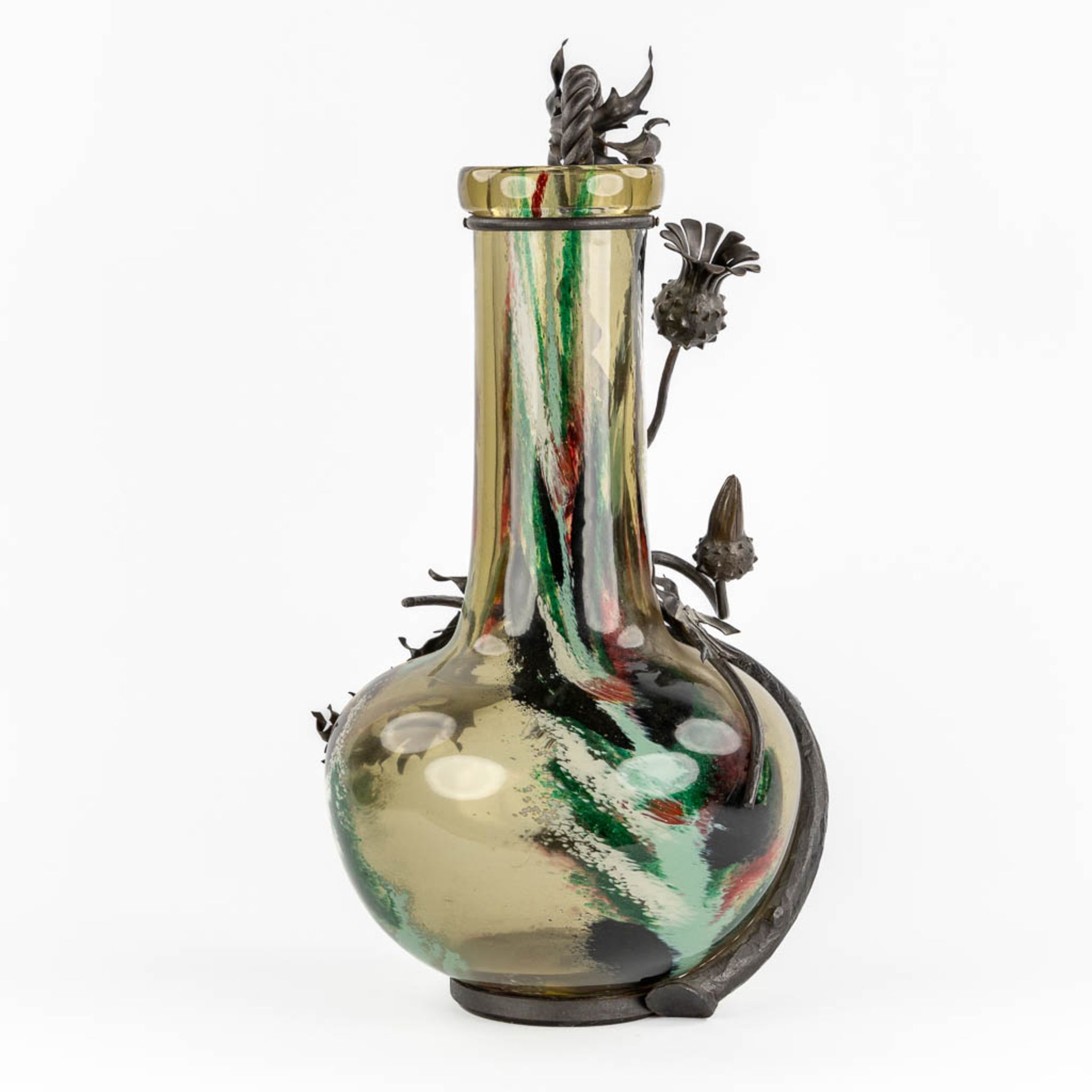 A glass vase mounted with sculptural cast iron, in the style of Louis Van Boeckel. (H:67 x D:33 cm) - Image 5 of 14