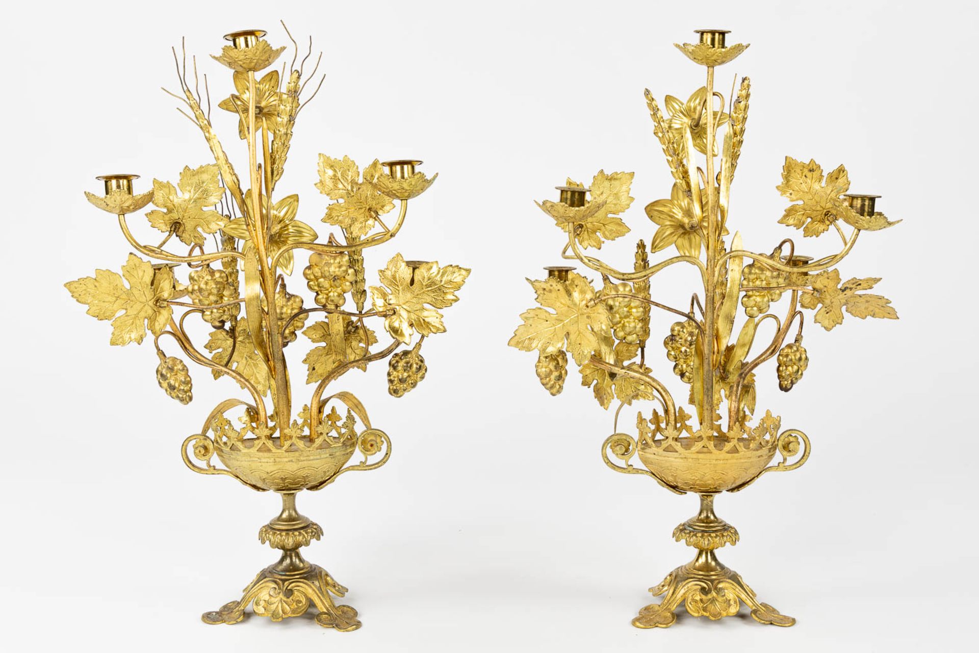 Two pairs of Church Candelabra and a pair of wall-mounted candelabra, Gilt metal decorated with whea - Image 11 of 16