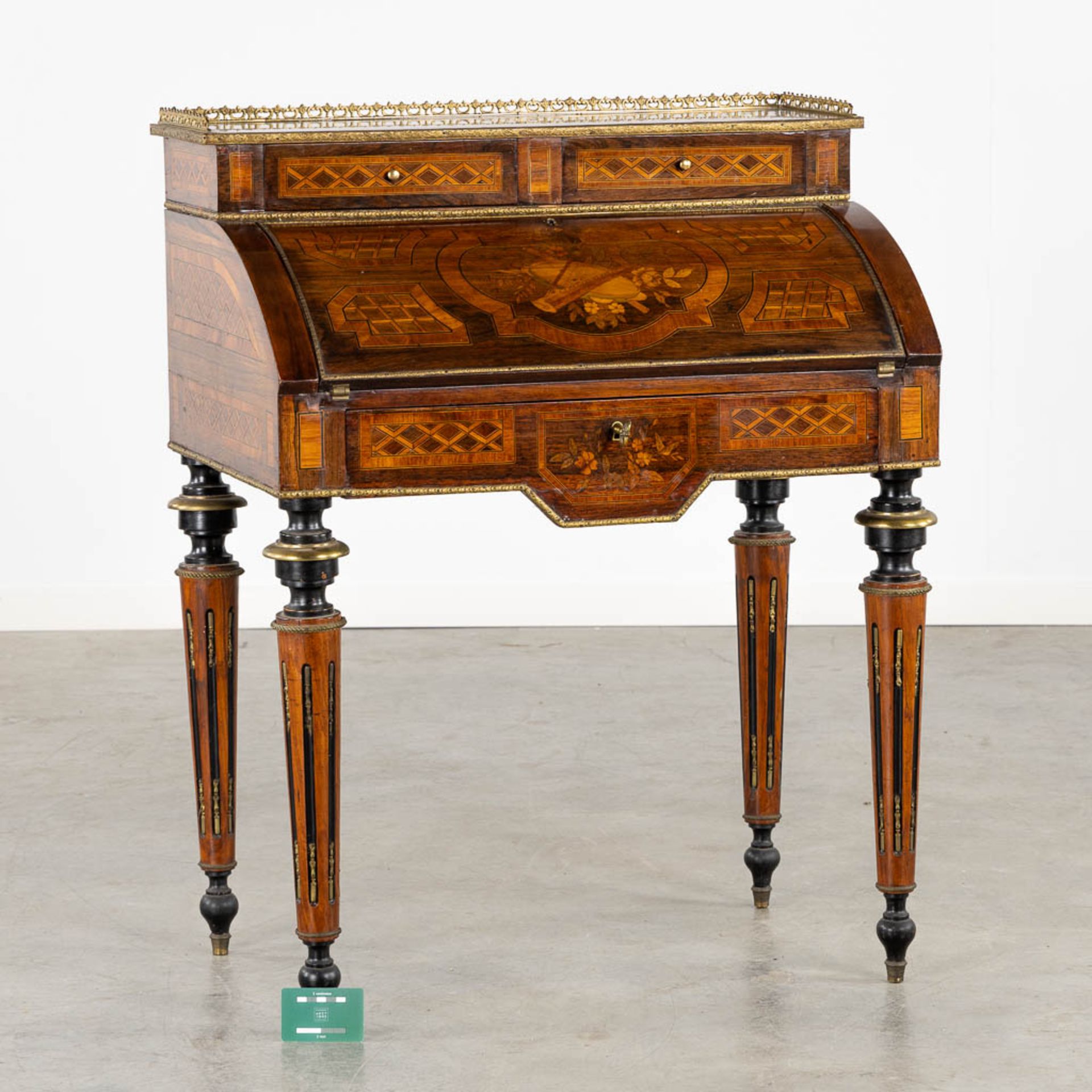 A secretary cabinet, marquetry inlay mounted with bronze in Louis XVI style. 19th C. (L:50 x W:75 x - Bild 2 aus 15