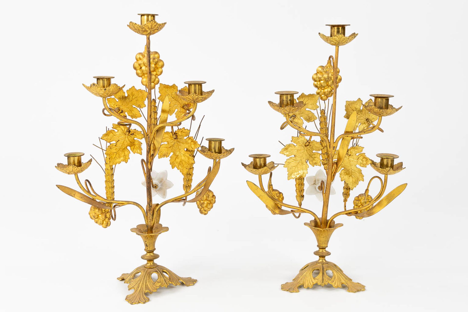 Two pairs of Church Candelabra and a pair of wall-mounted candelabra, Gilt metal decorated with whea - Image 8 of 16