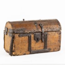 An antique money box or storage chest, wood and wrought iron, 16th/17th C. (L:20 x W:36 x H:22 cm)
