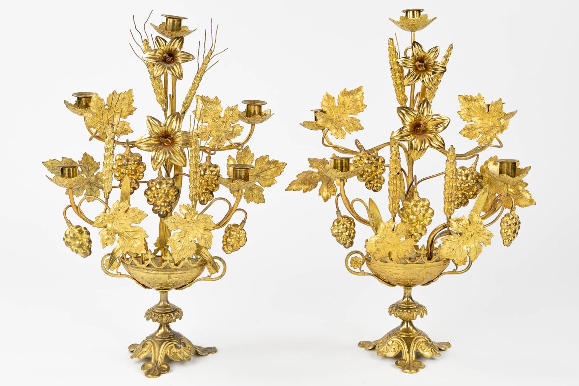 Two pairs of Church Candelabra and a pair of wall-mounted candelabra, Gilt metal decorated with whea - Image 10 of 16