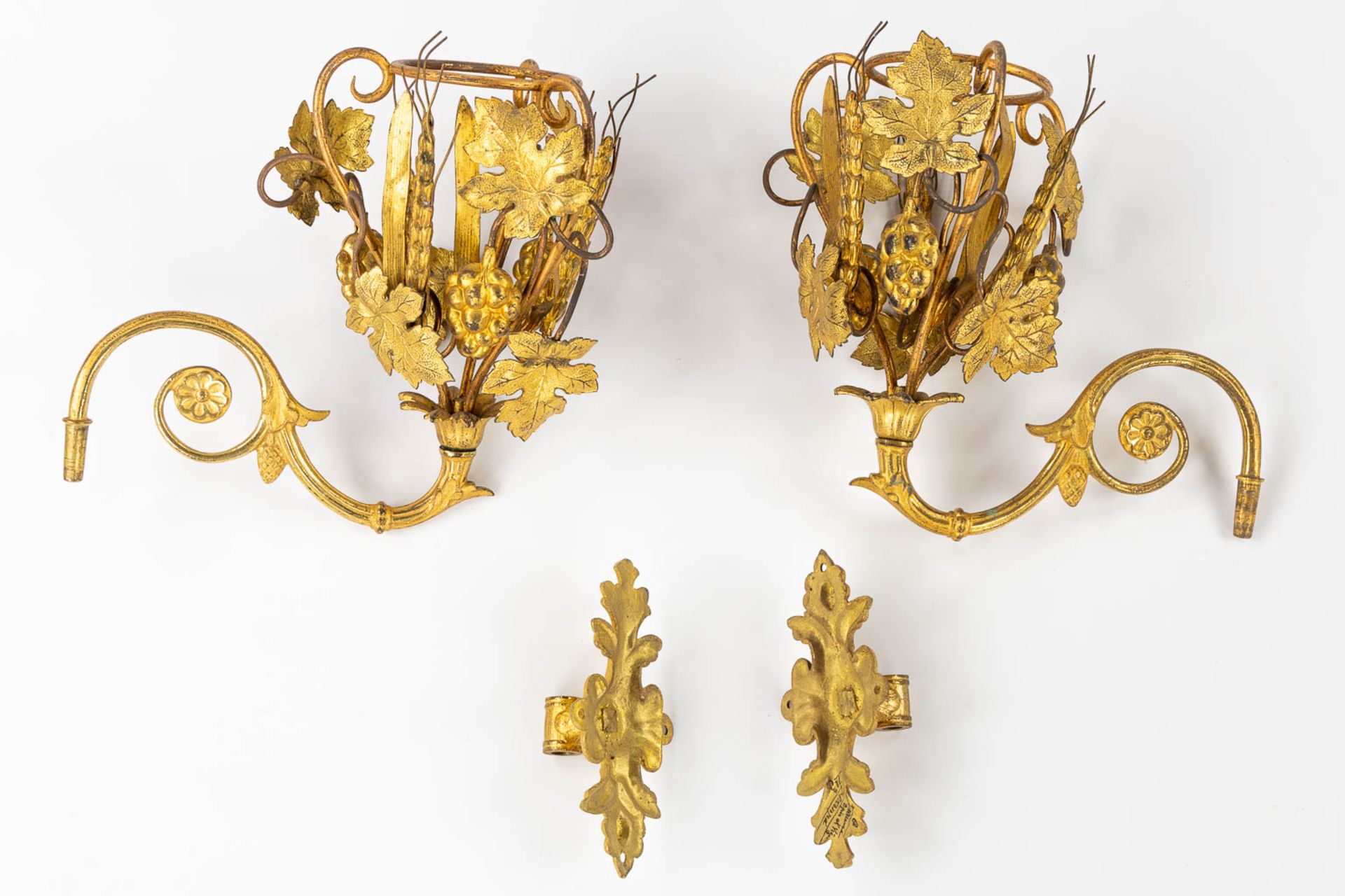 Two pairs of Church Candelabra and a pair of wall-mounted candelabra, Gilt metal decorated with whea - Image 5 of 16